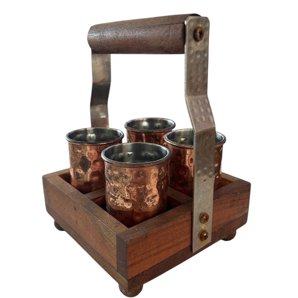 Hammered Copper Shot Glasses in Wooden Caddy - Picture 10 of 12